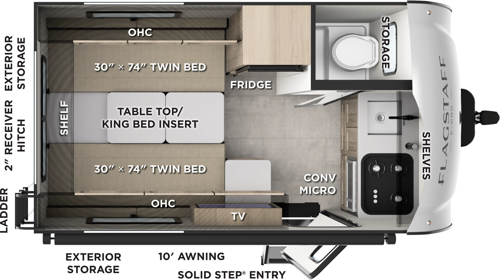 The Flagstaff E-Pro E15TB floorplan has one entry and zero slide outs. Exterior features include: fiberglass exterior and 10' awning. Interiors features include: front kitchen.